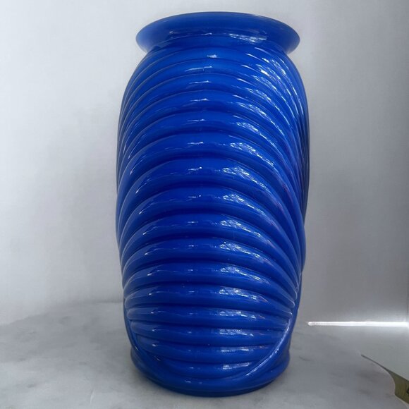 Vtg Style Blue Swirl Ribbed Glass Vase 10" Decorative Art Deco Boho Contemporary - Picture 4 of 8